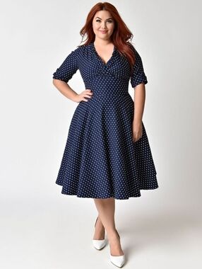 UNIQUE VINTAGE Navy Dot Swing Dress Extra Large Size 14